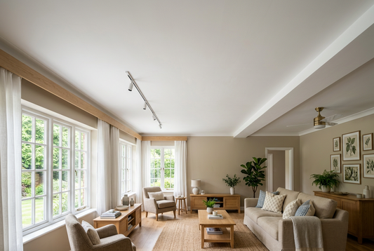 AI-generated living room inspiration with a white matt ceiling and neutral furnishings
