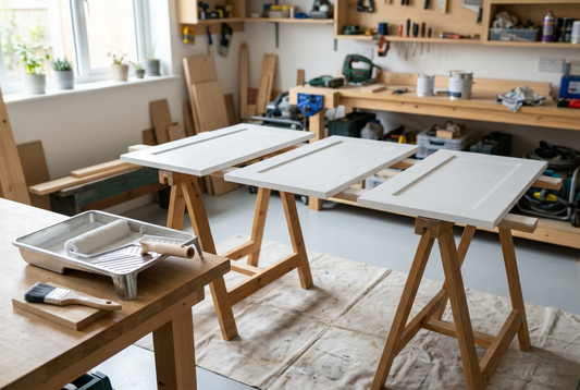 AI-generated preparation scene with white primed cabinet doors on trestles