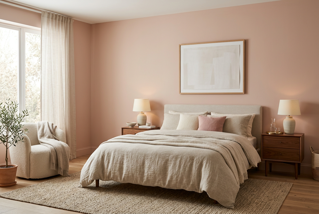 AI-generated bedroom inspiration with warm blush walls