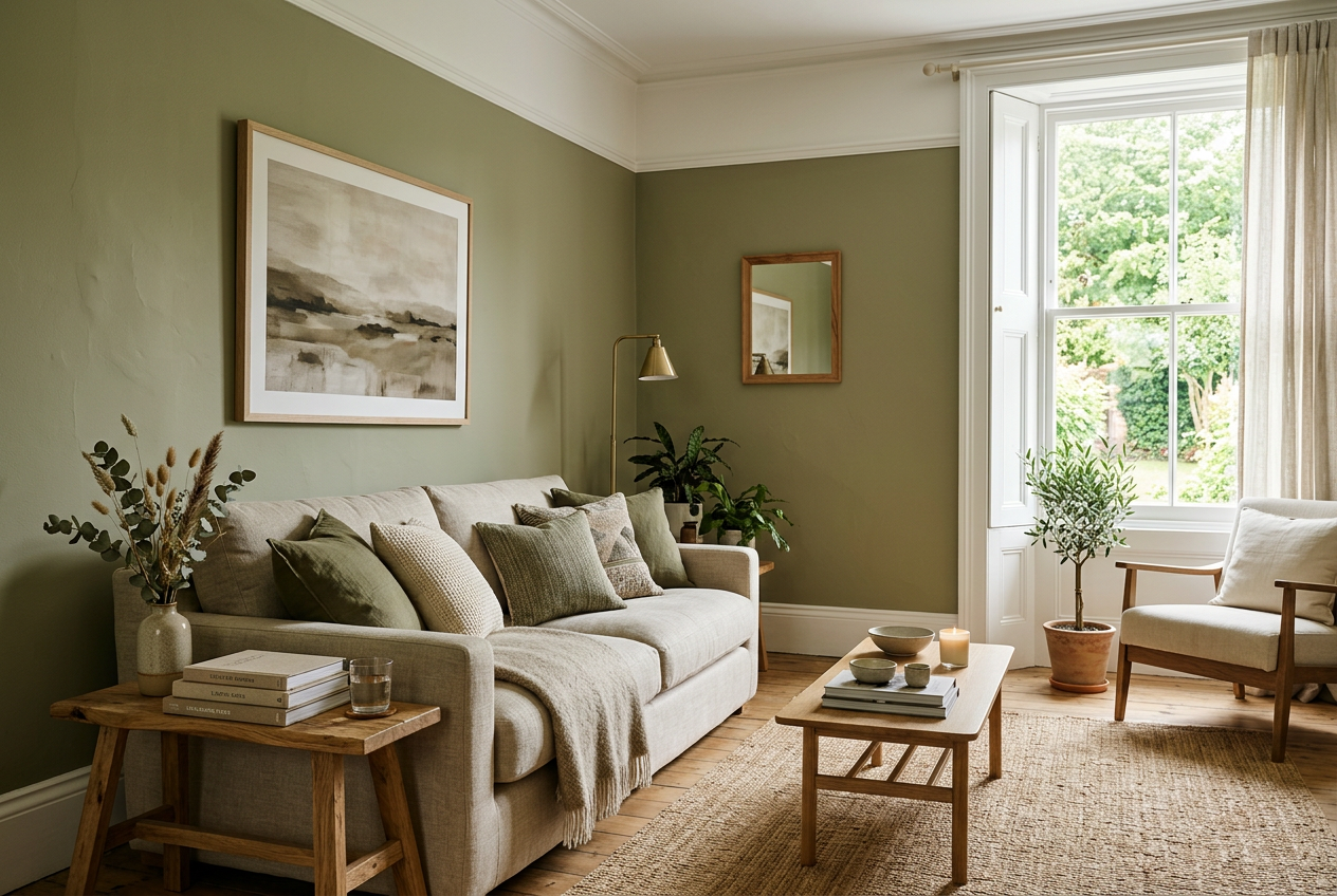 AI-generated living room inspiration with muted olive matt walls, not a verified product application