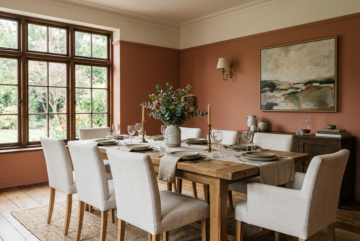 AI-generated dining room inspiration with muted terracotta super matt walls