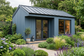 AI-generated slate blue timber garden studio inspiration, not a verified paint application