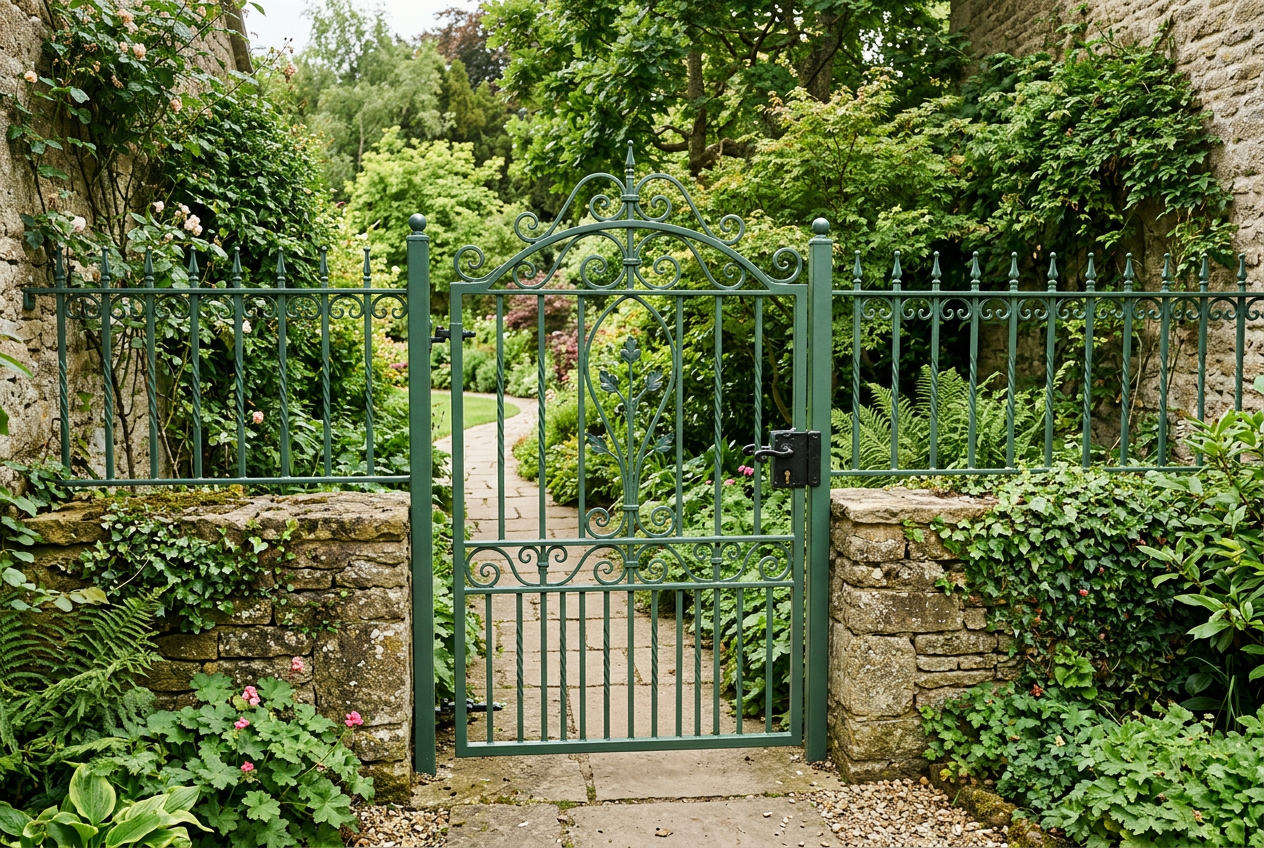 AI-generated green metal gate and railings inspiration, not an exact colour or verified Metallista coating application