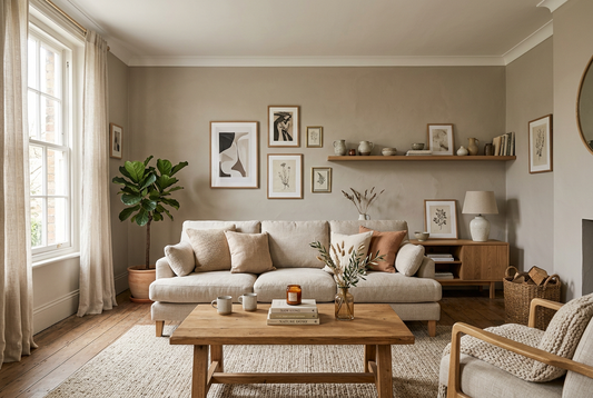 AI-generated living room inspiration with warm greige matt walls and neutral furnishings