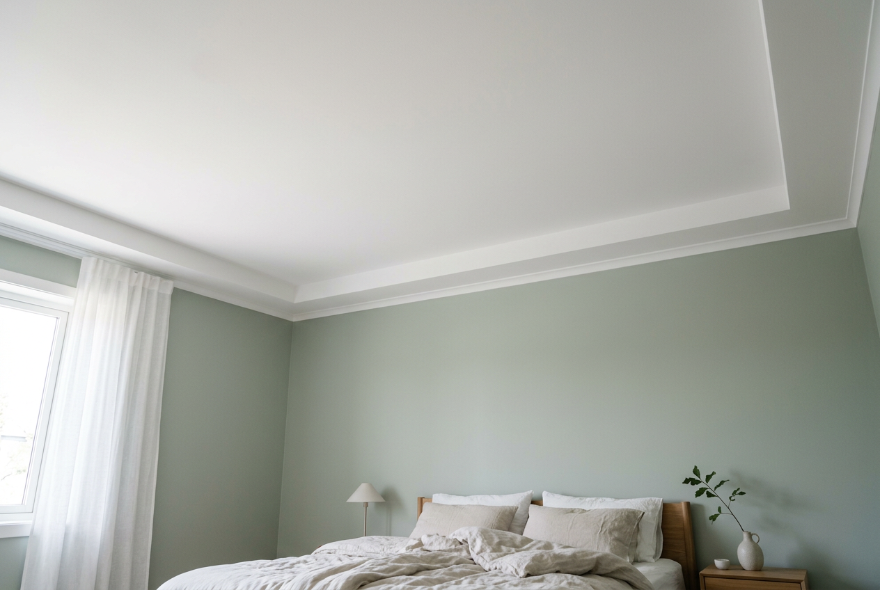 AI-generated bedroom inspiration with a white matt ceiling and sage green walls
