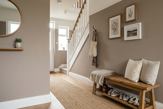 AI-generated family hallway inspiration with warm taupe matt walls and oak bench