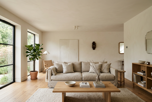 AI-generated living room inspiration with off-white flat matt walls and ceiling, not an exact colour preview