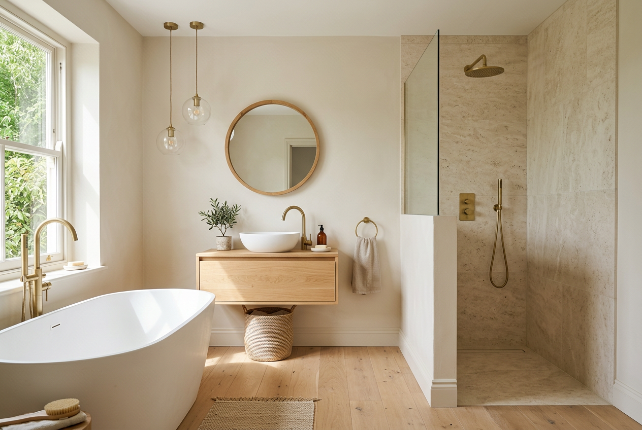 AI-generated bathroom inspiration with warm off-white painted walls