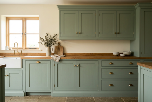 AI-generated sage matt kitchen cupboard inspiration, not an exact colour preview or verified Helmi 10 application