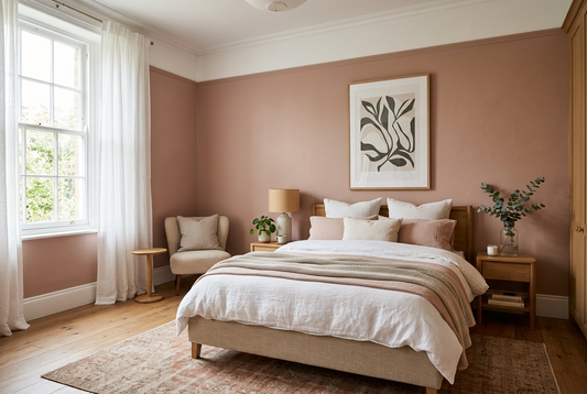 AI-generated bedroom inspiration with muted blush matt walls, not an exact paint colour