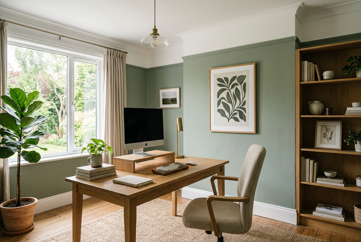 AI-generated home office inspiration with sage green matt walls and oak desk