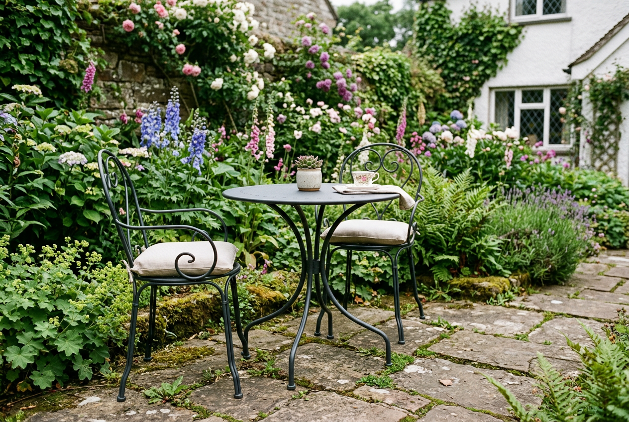 AI-generated charcoal metal garden furniture inspiration, not an exact Tikkurila colour or verified Metallista application