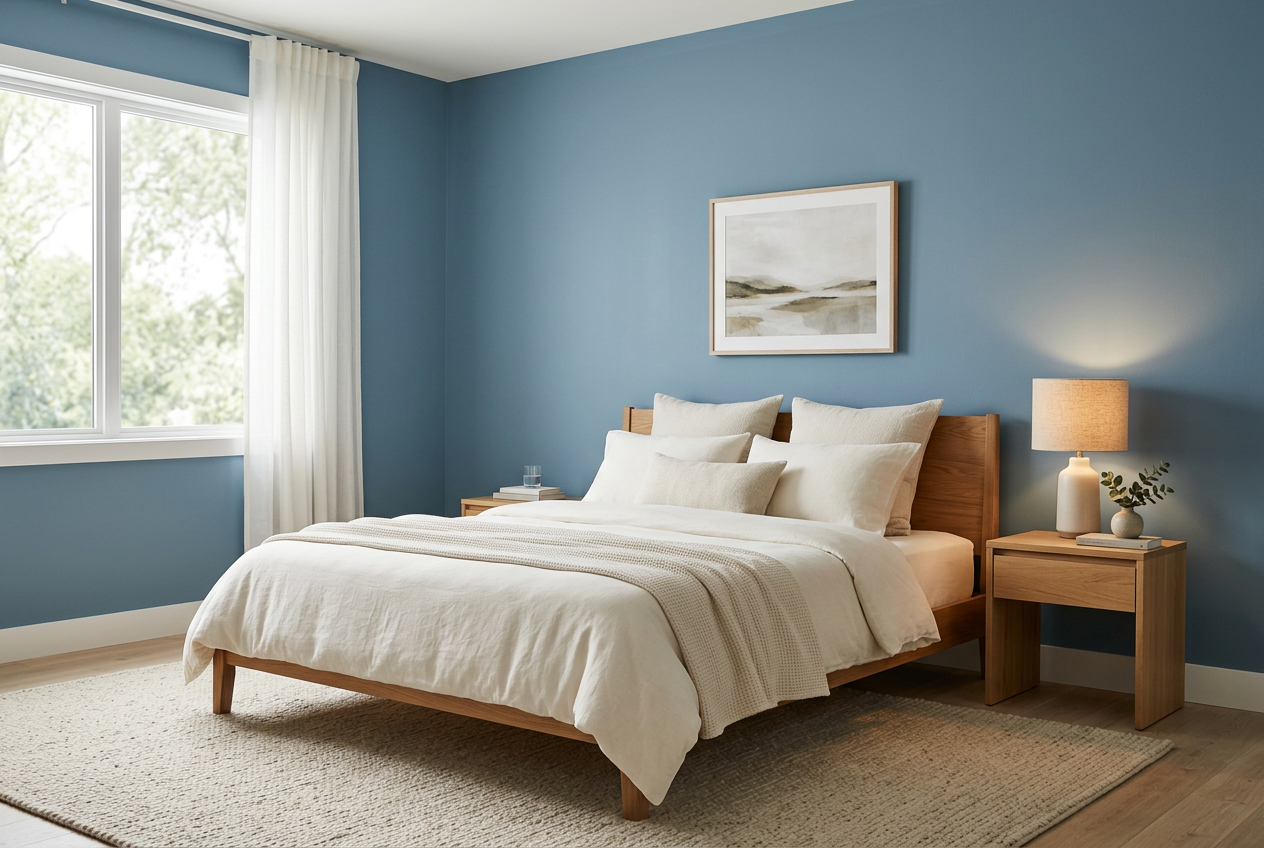 AI-generated bedroom inspiration with muted blue walls
