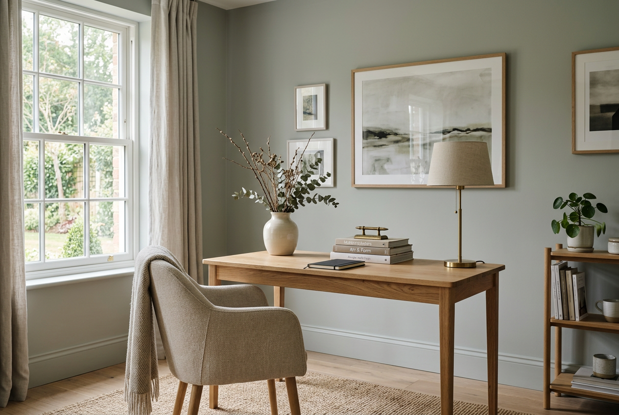 AI-generated home office inspiration with soft grey-green walls
