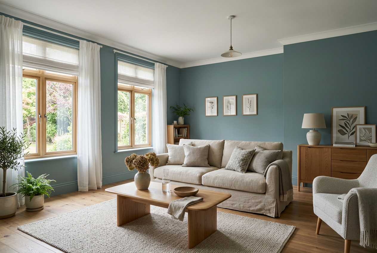 AI-generated living room inspiration with muted blue-green super matt walls