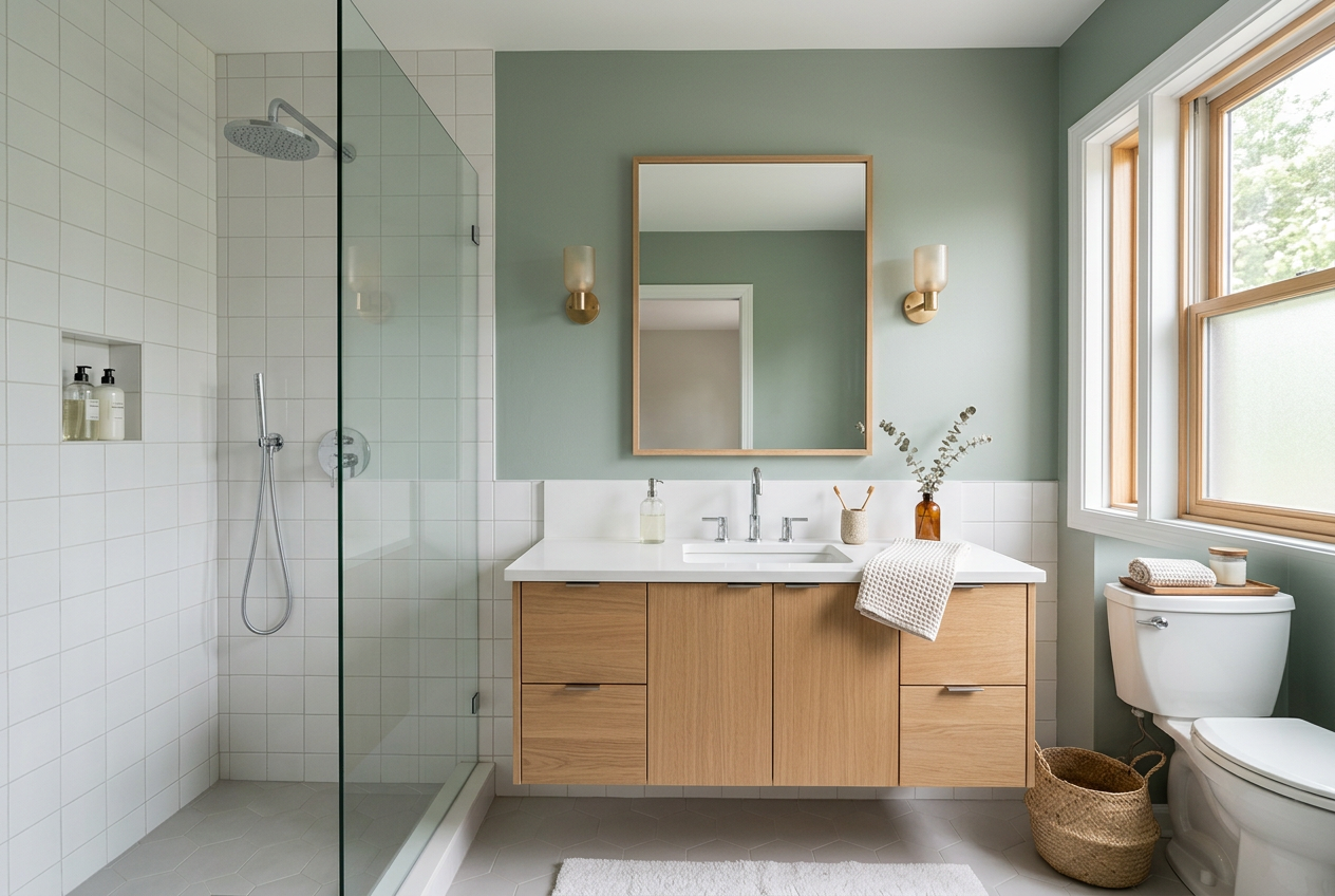 AI-generated bathroom inspiration with muted sage-green painted walls
