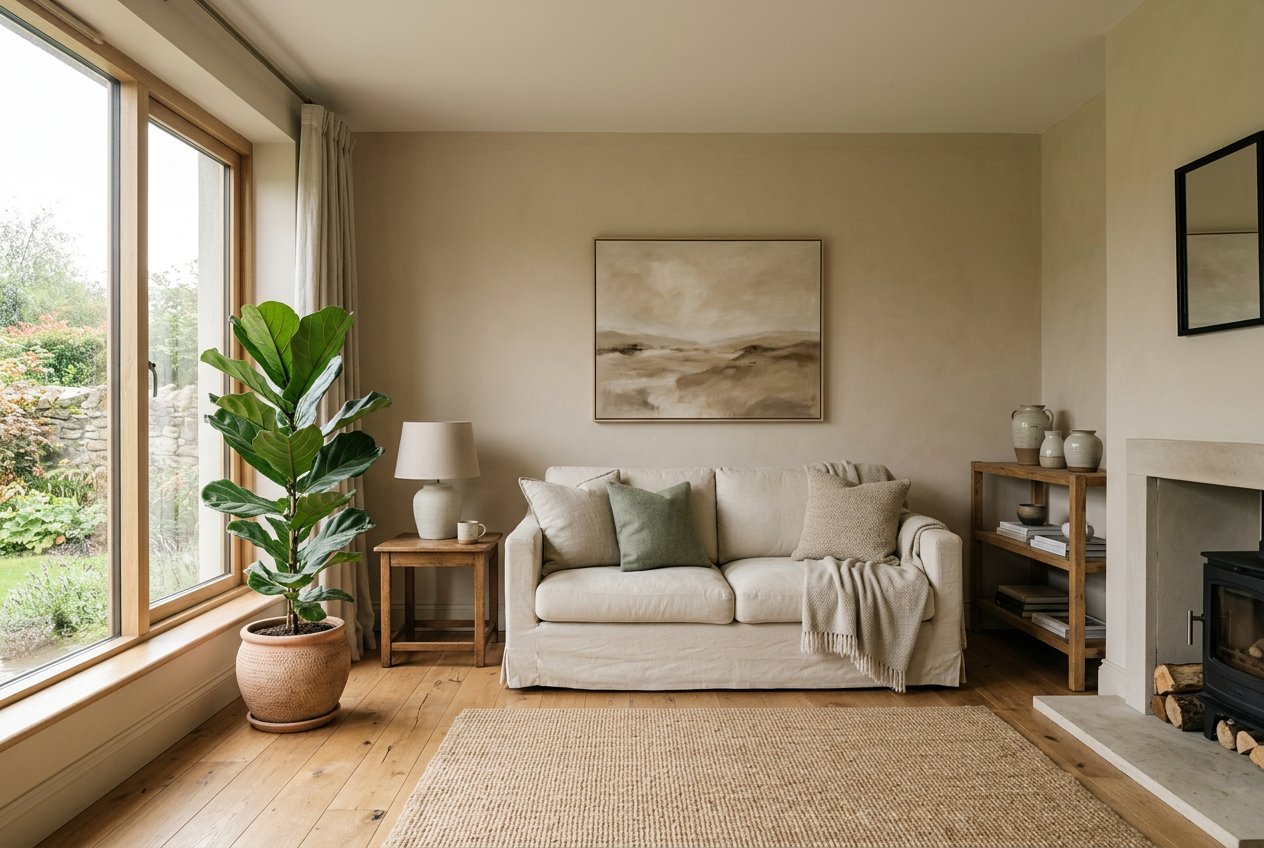 AI-generated living room inspiration with warm beige walls
