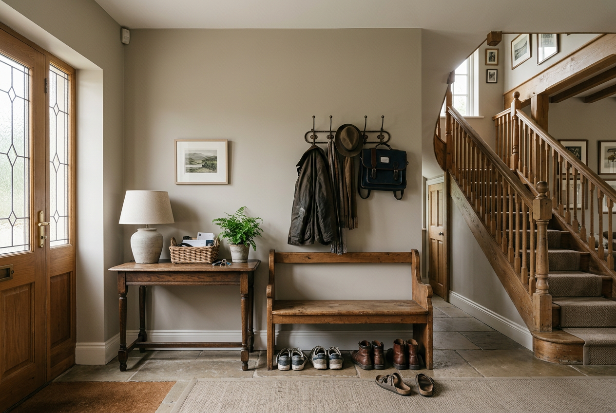 AI-generated family hallway inspiration with warm greige painted walls